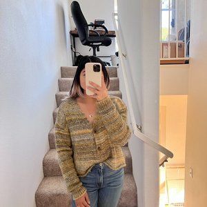 Urban Outfitters Marled Yellow Gray Knit V-Neck  Crop Cardigan S